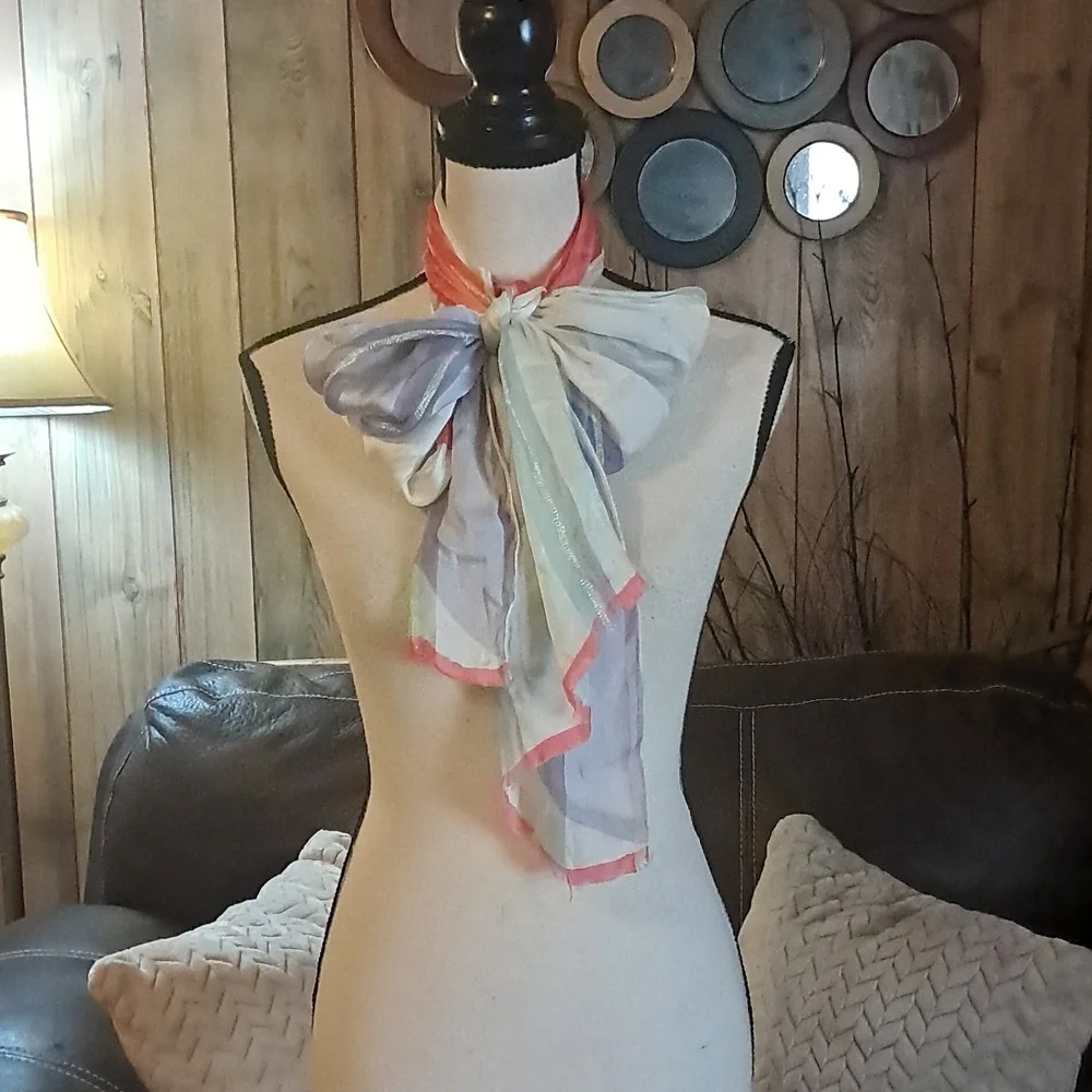 Oscar de la Renta Oblong Pastel Silk Scarf with Metallic Threads Frayed Vintage